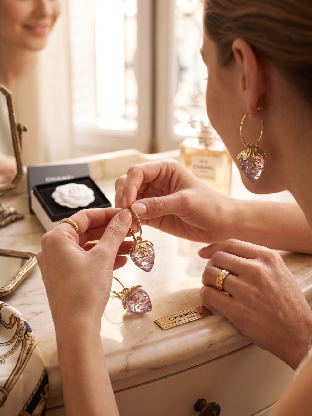 Gold Hoop Earrings with Iridescent Lavender Strawberry Charms by CHANEL